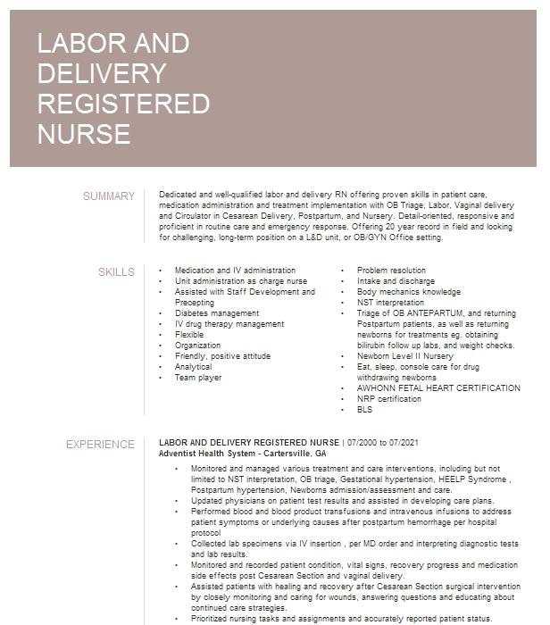 Registered Nurse Labor And Delivery Resume Example