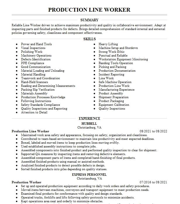 Production Line Worker Resume Example