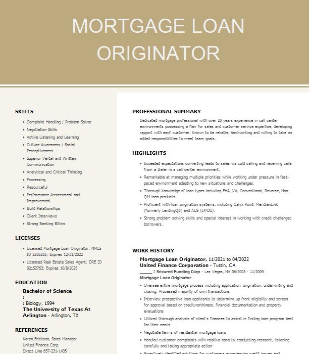 Mortgage Loan Originator Resume Example