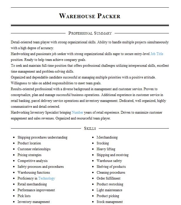 Warehouse Packer Resume Example