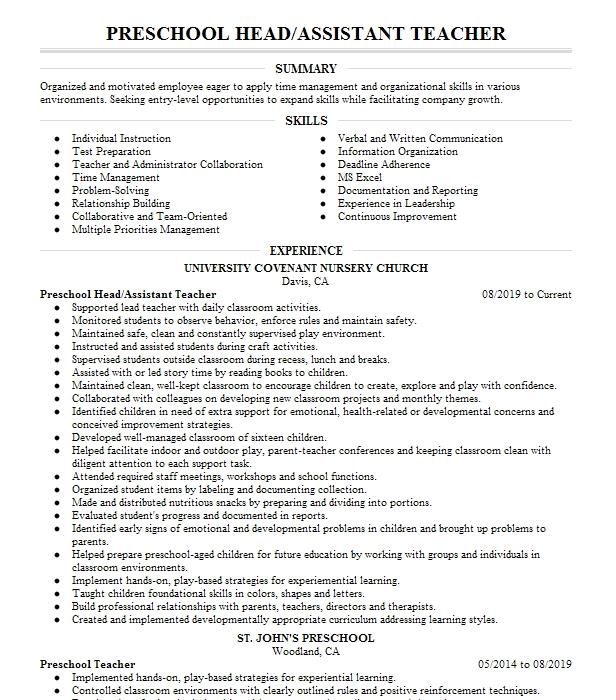 Assistant Director & Preschool Head Teacher Resume Example