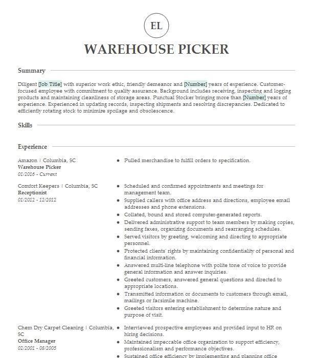 Warehouse Picker Resume Example