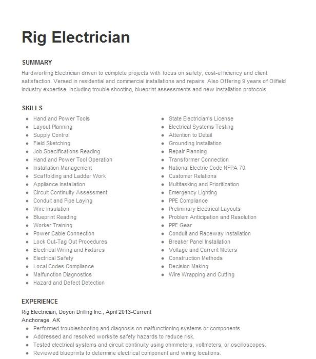 Chief Rig Electrician Resume Example