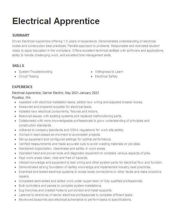 Electrical Apprentice Resume Example