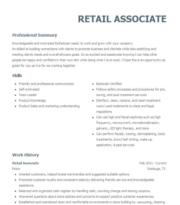 Retail Associate Resume Example