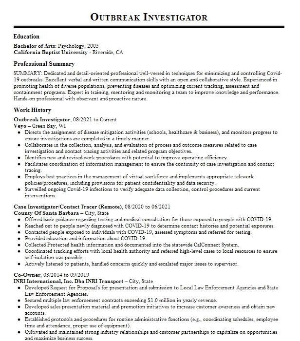 Case Investigator Contact Tracer (remote) Resume Example