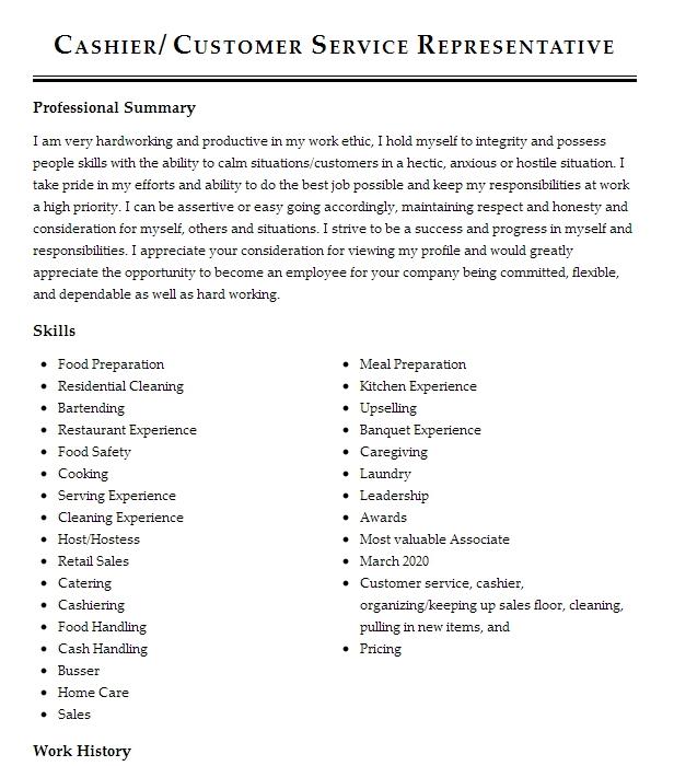 Cashier Customer Service Representative Resume