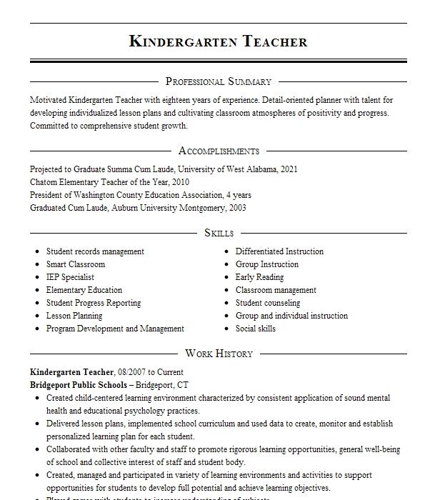 Kindergarten Teacher Resume Example