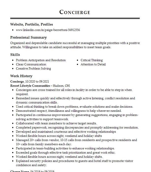 Executive Concierge And Lifestyle Coordinator Resume Example