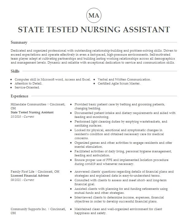 State Tested Nursing Assistant Resume Example