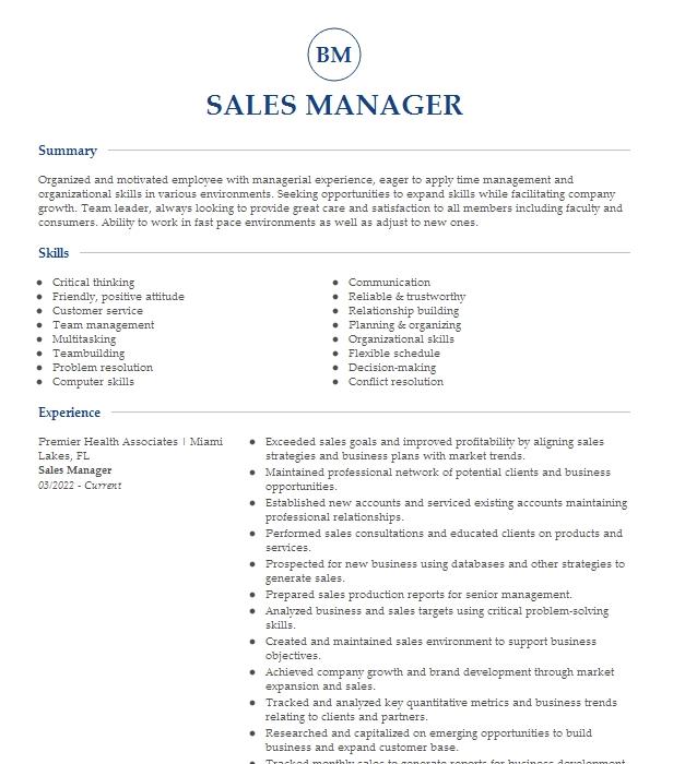 Sales Manager Resume Example