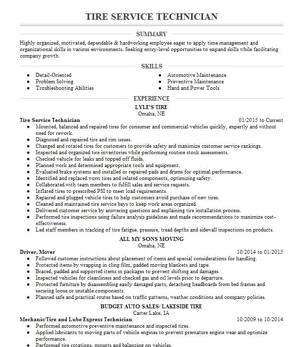 Tire Service Technician Resume Example