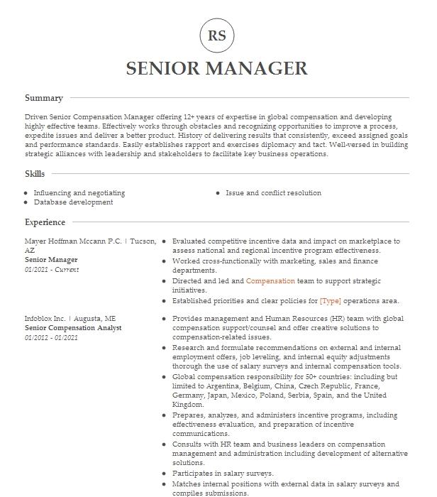 Senior Manager Resume Example