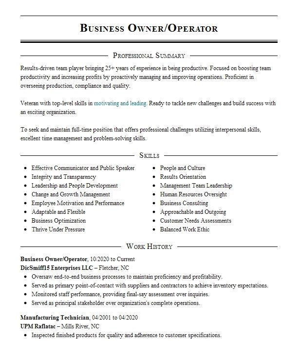 Business Owner Operator Resume Example