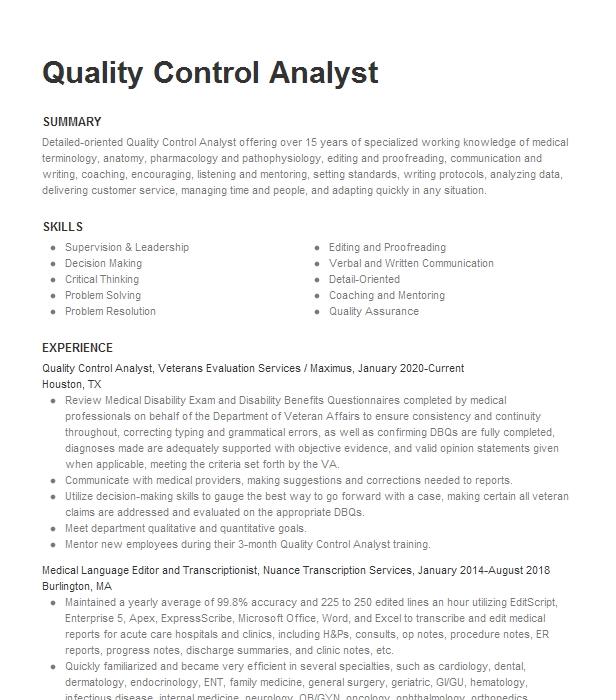 Quality Control Analyst Resume Objective | LiveCareer