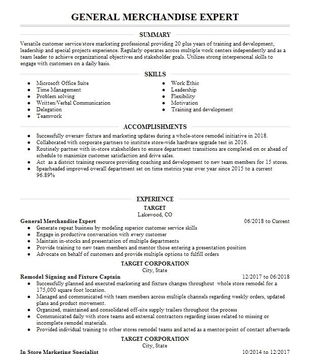 General Merchandise Expert Resume Example