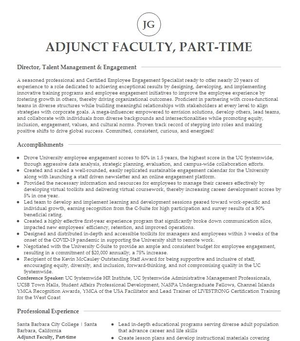 Adjunct Faculty, Part Time Resume Example