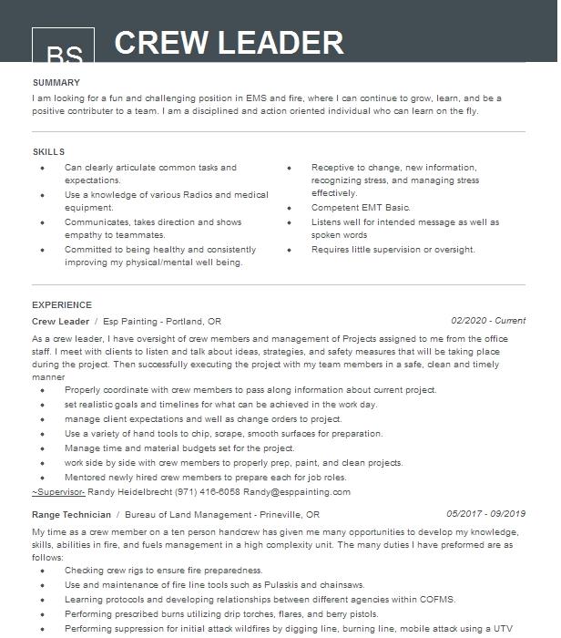 Crew Leader Resume Example