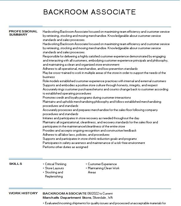 Backroom Associate Resume Example