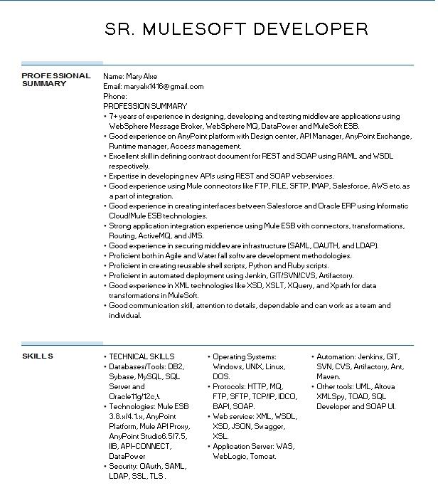 Sr. Mulesoft Developer Resume Example