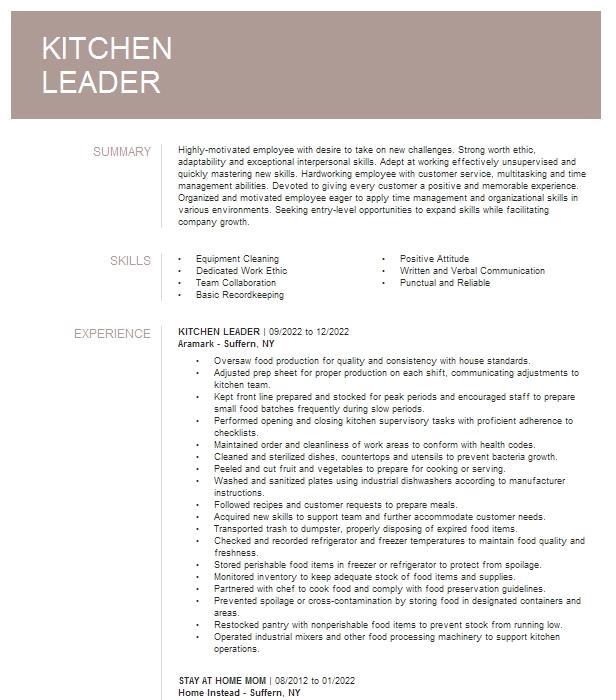 Kitchen Leader Resume Example