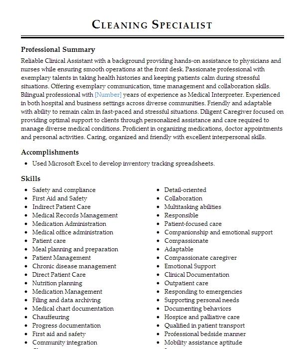 Cleaning Specialist Resume Example