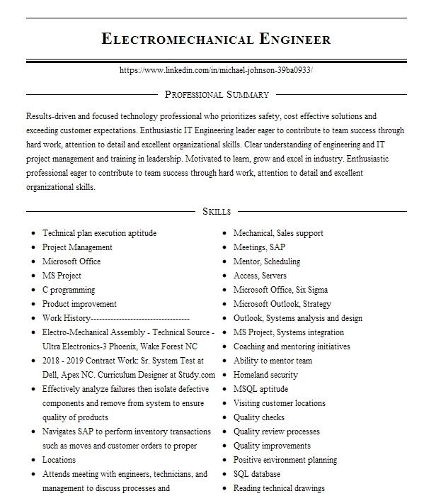 Electromechanical Engineer Resume Example