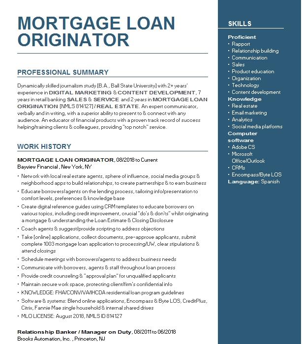 Mortgage Loan Originator Resume Example