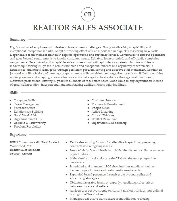 Realtor Sales Associate Resume Example