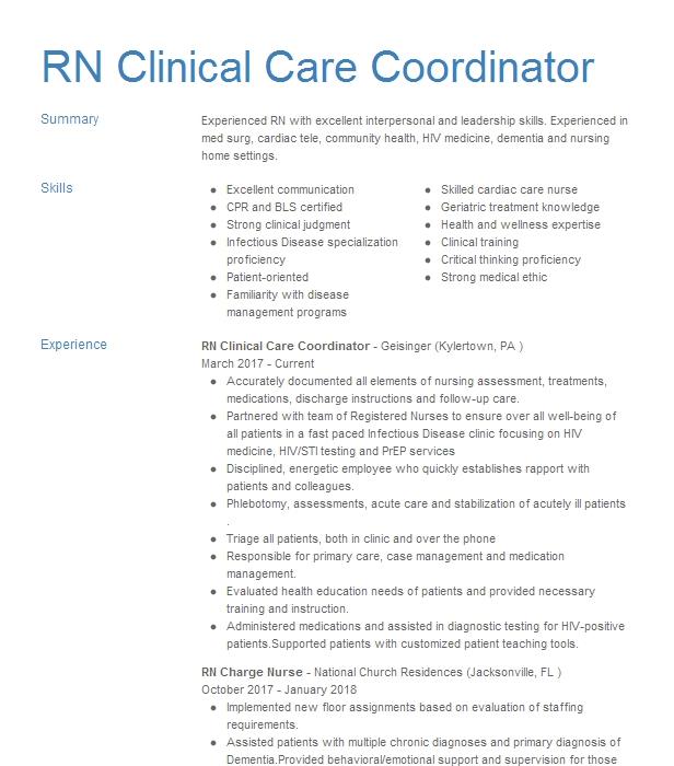 Rn Hcc Head Clinical Coordinator Resume Example