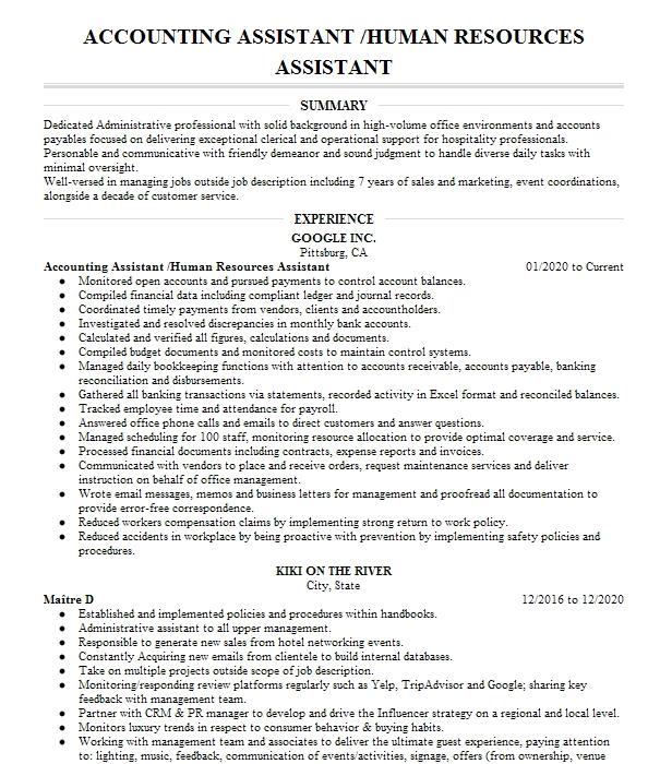 Human Resources Accounting Resume Example