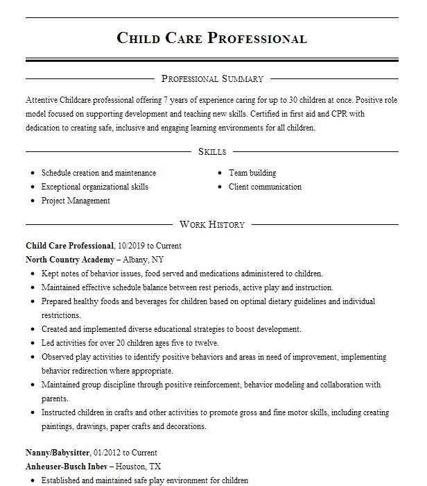 Child Care Professional Resume Example