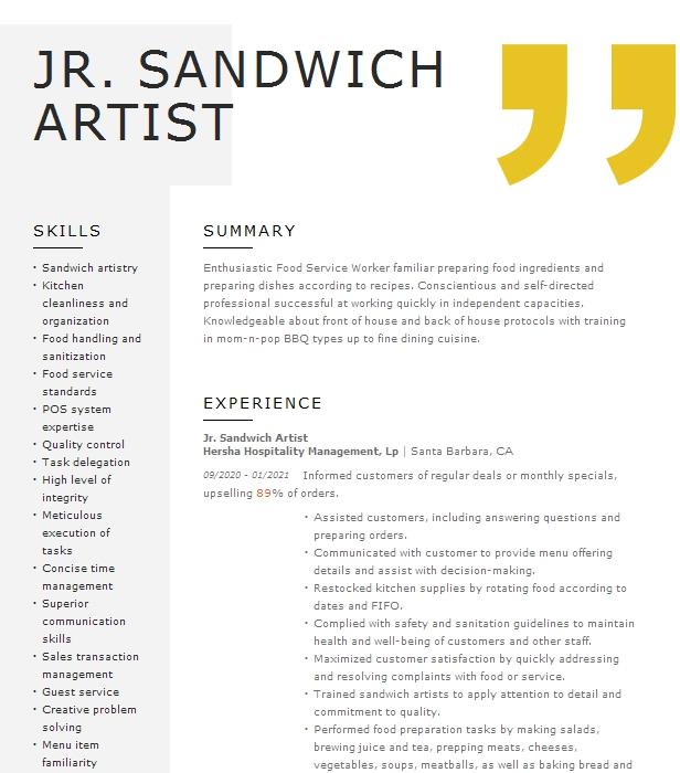 Jr Sandwich Artist Resume Example