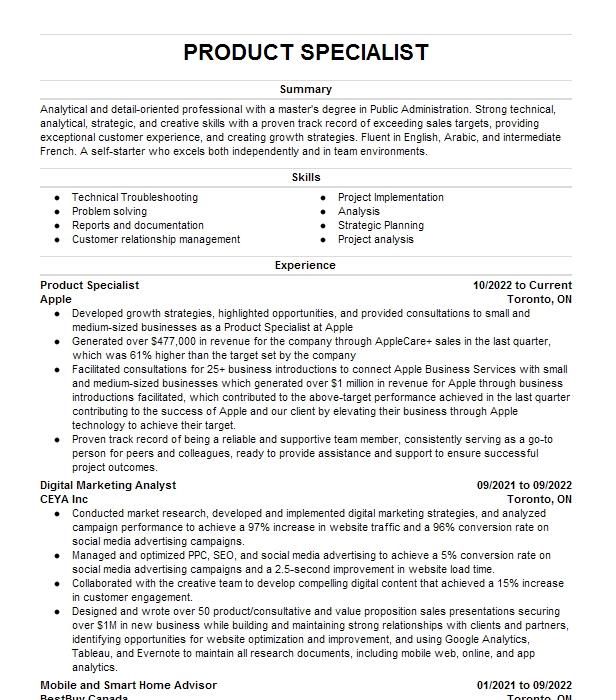 Product Specialist (mobile Sme) Resume Example