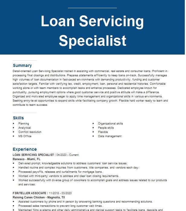 Loan Servicing Specialist Resume Example