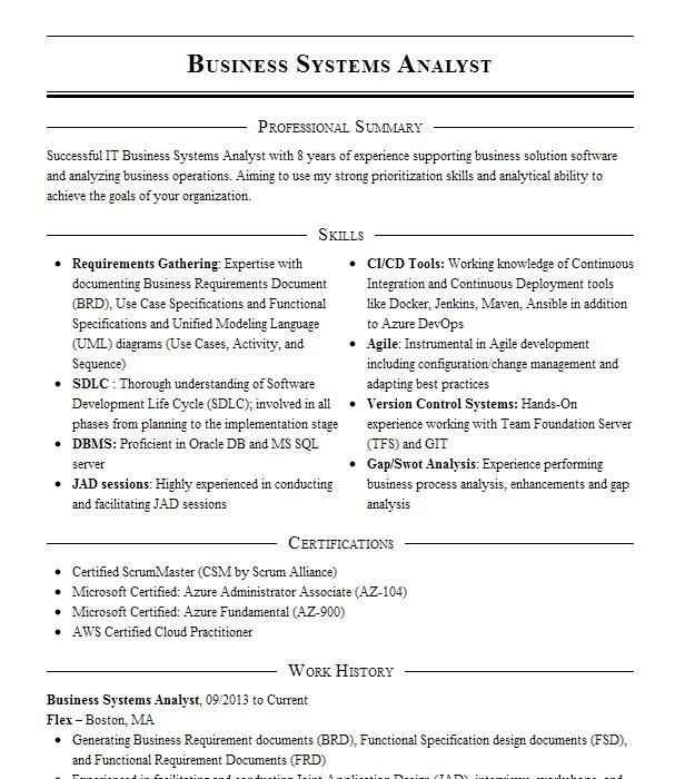 Business Systems Analyst Resume Example