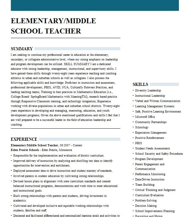 Elementary And Middle School Art Teacher Resume Example