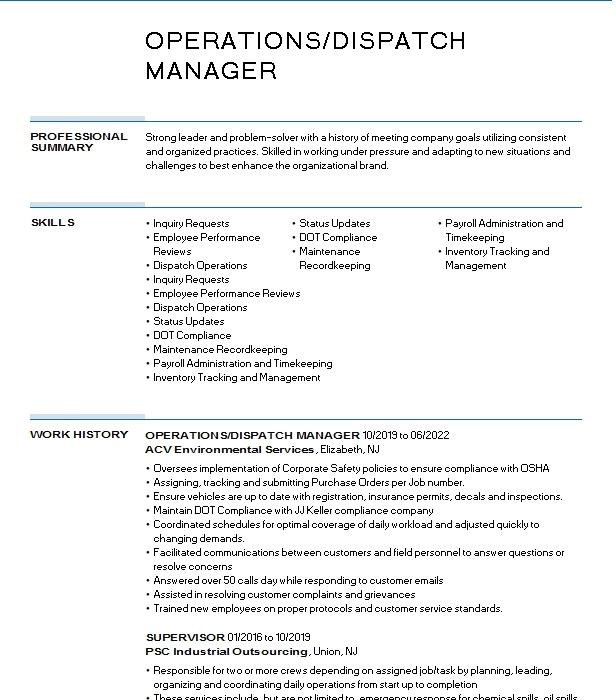 Operations Dispatch Manager Resume Example