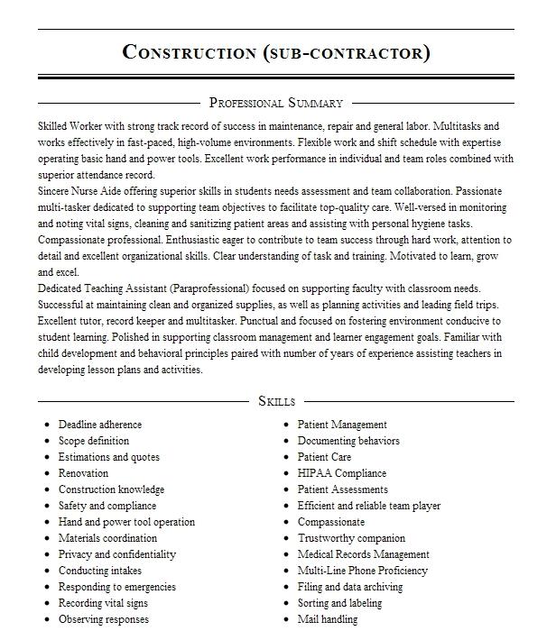 Construction Sub Contractor Resume Example