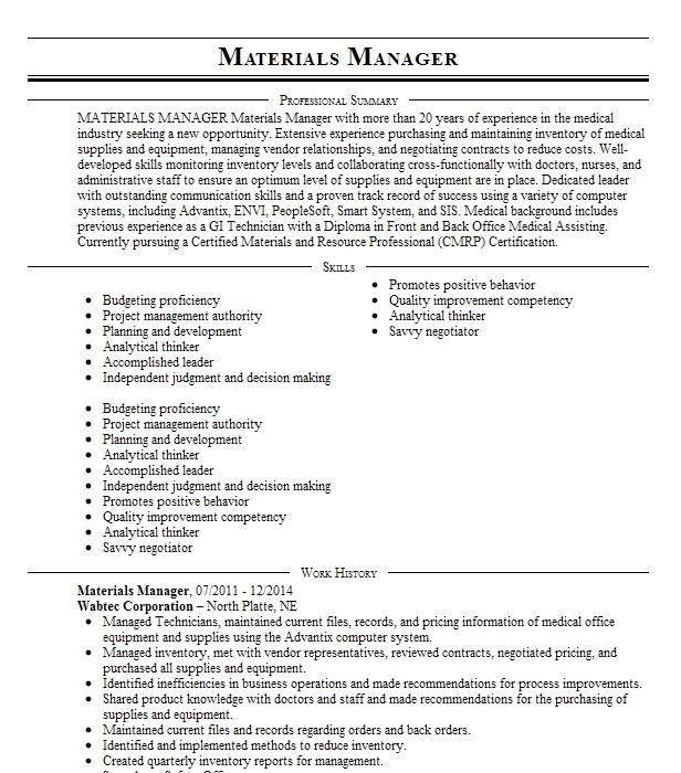 Materials Manager Resume Example