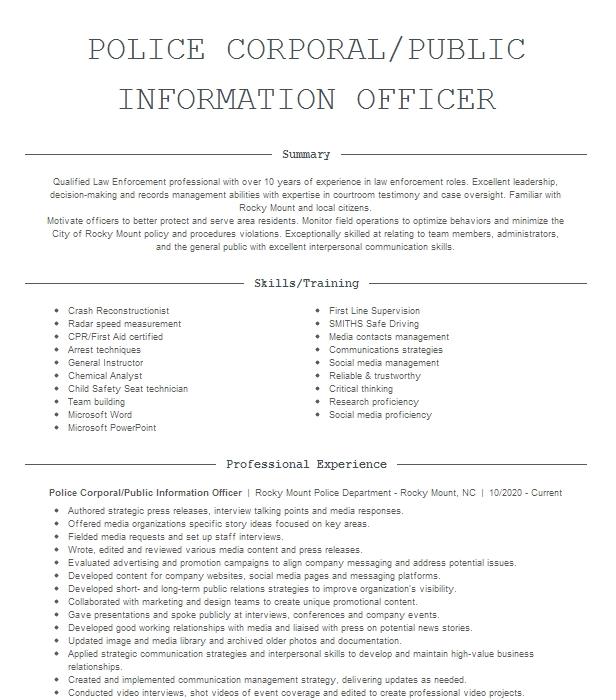 Police Desk Corporal Resume Example