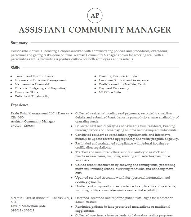 Assistant Community Manager Resume Example