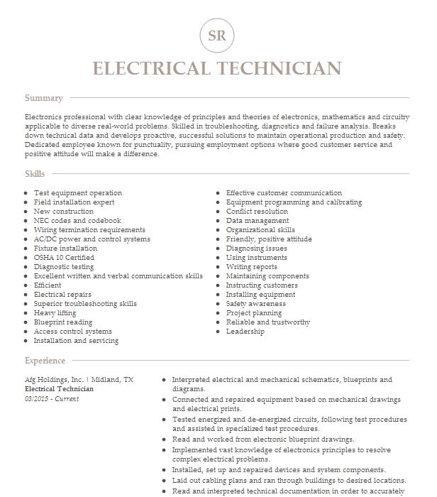 resume sample for electrical technician