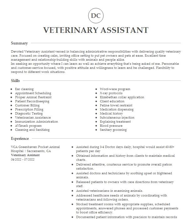 Veterinary Assistant Resume Example