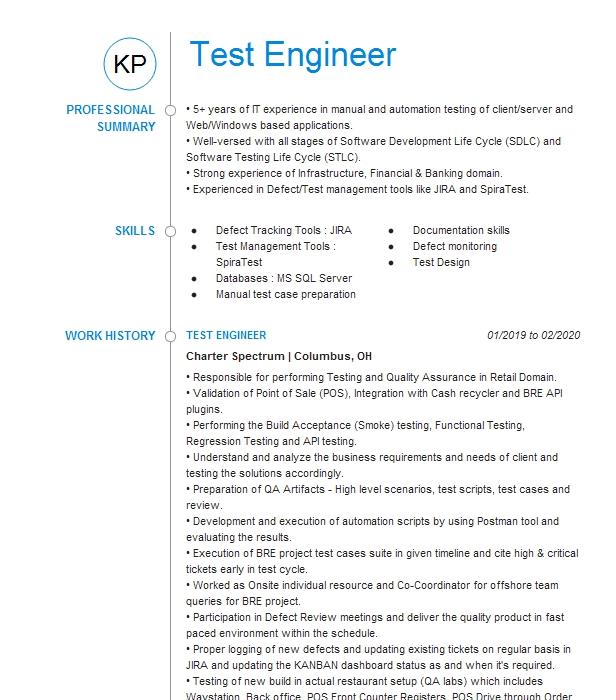 Test Engineer Resume Example