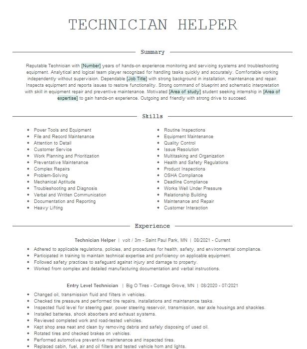 Technician Helper Resume Example