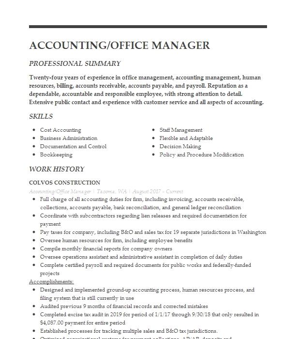 Accounting Office Manager Resume Example