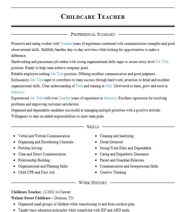 Childcare Teacher Resume Example