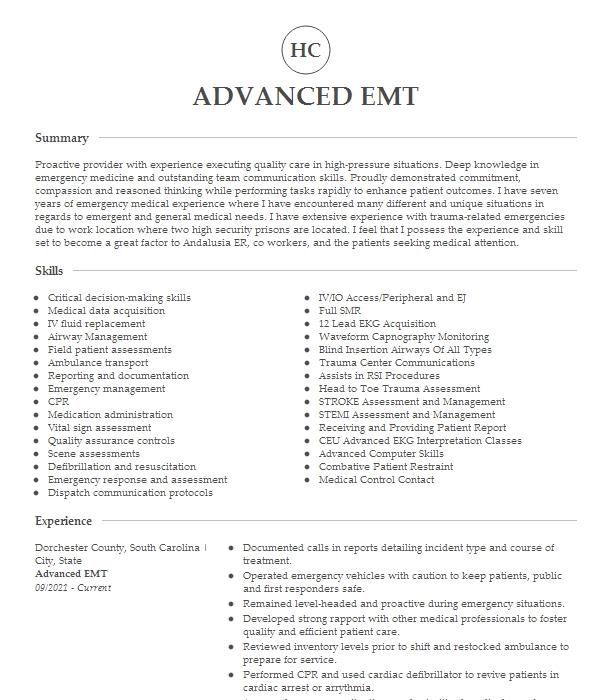 Advanced Emt Resume Example