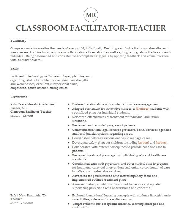 Stem Lab Classroom Facilitator Resume Example